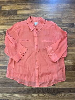 Chico's Vibrant Orange Collared Sheer Button-Front Blouse